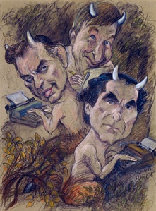 Laureates of the Lewd Gore Vidal, John Updike and Phillip Roth as rendered by Edward Sorel in 1993. The closest these three probably ever were. Copyright held by Edward Sorel. 
